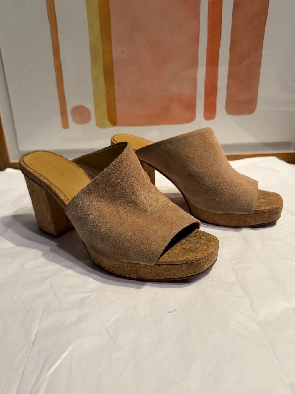 Vince Tan Suede Cork Platform Block Heel Mule Slides Size 8 M EU 38 Open Toe